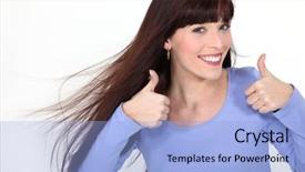  Presentation with helping others two hands woman - Cool new PPT theme with exalt - attractive woman giving two thumbs backdrop and a light blue colored foreground