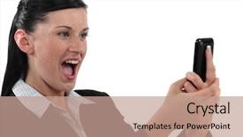 Presentation with text message - Cool new presentation theme with exalt - overjoyed woman reading a text backdrop and a coral colored foreground
