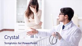  Presentation with fever - Slide deck enhanced with exam fever - doctor explaining to young mother background and a sky blue colored foreground