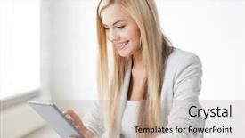  Presentation with tablet - Cool new PPT theme with exam pictures - picture of smiling woman backdrop and a coral colored foreground