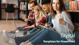  Presentation with mature students sitting at desks - PPT theme having exam pictures - picture of young students sitting background and a ocean colored foreground