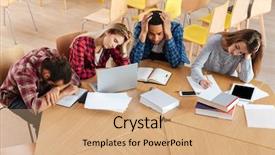  Presentation with writing notes - Amazing PPT theme having exam pictures - picture of young tired students backdrop and a  colored foreground