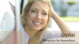  Presentation with woman car driver map - Slide deck featuring exam security - cheerful young woman by car background and a  colored foreground