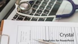  Presentation with prescription - Colorful slide set enhanced with exam security - stethoscope and prescription on laptop backdrop and a light gray colored foreground