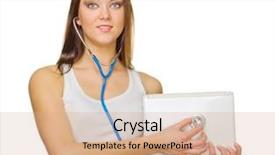  Presentation with laptop - Presentation theme featuring exam security - young smiling girl with laptop background and a coral colored foreground