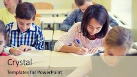  Presentation with elementary school female career day - PPT theme with students testing - education elementary school learning background and a soft green colored foreground