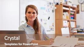  Presentation with teacher - Slide set with examen vision - portrait of young female teacher background and a violet colored foreground