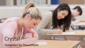  Presentation with examination hall - Beautiful theme featuring examination education - students writing in the exam backdrop and a coral colored foreground