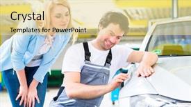  Presentation with mechanic - Cool new slides with examine car finish on dent backdrop and a blonde colored foreground