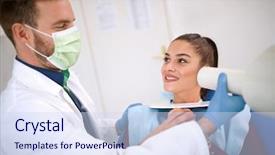  Presentation with dental - Colorful slide deck enhanced with examine woman with dental apparatus backdrop and a sky blue colored foreground
