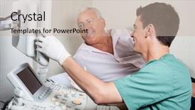  Presentation with medical ultrasound - Presentation theme having medical examiner - male technician showing ultrasound machine's background and a soft green colored foreground