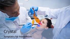  Presentation with dental radiology dentist and assistant - Presentation theme featuring examining female patient with dental background and a  colored foreground