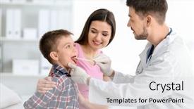  Presentation with hospital - Slide set featuring examining little boy in hospital background and a light gray colored foreground