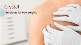  Presentation with skin cancer malignant melanoma - Presentation consisting of examining patient in clinic cancer background and a lemonade colored foreground