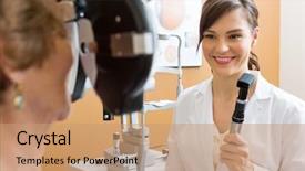  Presentation with optometrist - PPT theme with examining senior woman's eye background and a coral colored foreground
