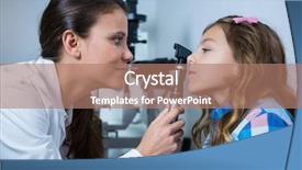  Presentation with optometrist - PPT layouts with examining young patient with ophthalmoscope background and a coral colored foreground