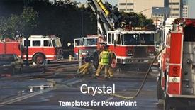  Presentation with building fire - Theme with exausted fire men taking control background and a dark gray colored foreground