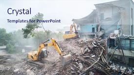  Presentation with excavator - Slide set consisting of excavator crasher machine at demolition background and a sky blue colored foreground