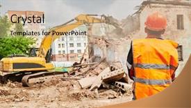  Presentation with excavator - Cool new PPT theme with excavator crasher machine at demolition backdrop and a coral colored foreground