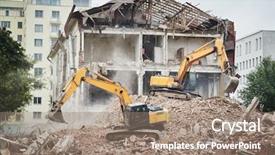  Presentation with construction site construction - Audience pleasing theme consisting of excavator crasher machine at demolition backdrop and a coral colored foreground