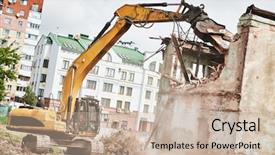  Presentation with excavator - Beautiful theme featuring excavator crasher machine at demolition backdrop and a soft green colored foreground
