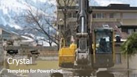  Presentation with excavator - Colorful presentation design enhanced with excavator demolishing an old building backdrop and a violet colored foreground