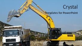  Presentation with excavator - PPT theme featuring construction equipment construction machinery - excavator loading a truck background and a light blue colored foreground
