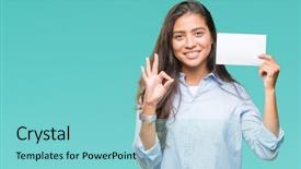  Presentation with blank backgroud - Beautiful PPT theme featuring excel sheet - young arab woman holding blank backdrop and a seafoam green colored foreground