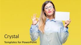  Presentation with business card - Slide set consisting of excel sheet - young beautiful business woman holding background and a  colored foreground