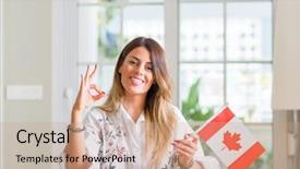  Presentation with canada flag - Beautiful presentation design featuring excel table - young woman at home holding backdrop and a coral colored foreground
