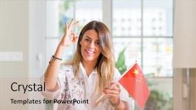  Presentation with china flag - Slides enhanced with excel table - young woman at home holding background and a coral colored foreground