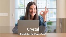  Presentation with home - Amazing PPT theme having excel table - young woman using laptop backdrop and a  colored foreground