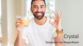  Presentation with cellophane bags as healthy - Presentation enhanced with excelence - handsome hispanic man drinking healthy background and a  colored foreground