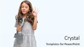  Presentation with trophy - Amazing PPT layouts having excellence award - brunette hispanic girl holding backdrop and a cool aqua colored foreground