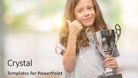  Presentation with award trophy for champion - PPT theme with excellence award - brunette hispanic girl holding background and a lemonade colored foreground