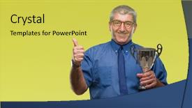  Presentation with successful - Slides enhanced with excellence award - handsome senior successful man holding background and a  colored foreground