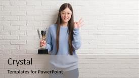  Presentation with trophy - Slide set consisting of excellence award - young chinese woman holding trophy background and a  colored foreground