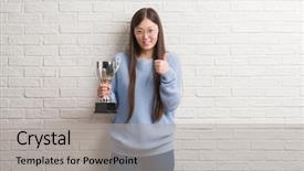  Presentation with trophy - Cool new theme with excellence award - young chinese woman holding trophy backdrop and a  colored foreground