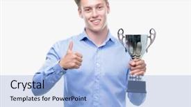  Presentation with young man holdng laptop on lap money - Colorful PPT layouts enhanced with excellence award - young handsome blond man holding backdrop and a  colored foreground