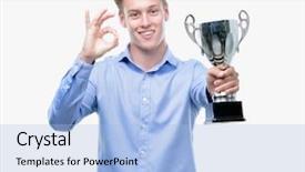  Presentation with award winner champion golden trophy - Theme with excellence award - young handsome blond man holding background and a  colored foreground