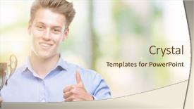  Presentation with award trophy for champion - Theme consisting of excellence award - young handsome blond man holding background and a  colored foreground