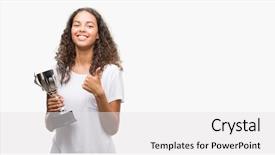  Presentation with trophy award hand holding - Slide deck with excellence award - young hispanic woman holding trophy background and a  colored foreground