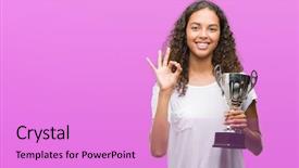  Presentation with oscar trophy - Colorful theme enhanced with excellence award - young hispanic woman holding trophy backdrop and a  colored foreground