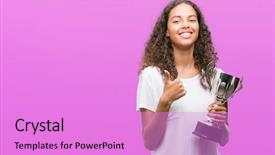  Presentation with trophy - Beautiful slide deck featuring excellence award - young hispanic woman holding trophy backdrop and a  colored foreground