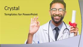  Presentation with special education young adult man - Theme consisting of excellence diploma - adult hispanic doctor man holding background and a yellow colored foreground