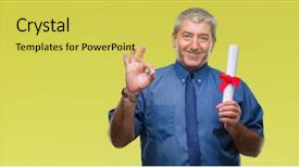  Presentation with 360 degree cameras - Beautiful presentation design featuring excellence diploma - handsome senior man holding degree backdrop and a yellow colored foreground