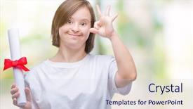  Presentation with down syndrome children disability school - Colorful slide set enhanced with excellence diploma - young adult woman with down backdrop and a  colored foreground