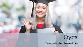  Presentation with woman colored parachute - Slides enhanced with excellence diploma - young blonde woman wearing graduate background and a  colored foreground