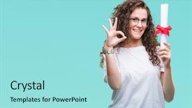  Presentation with group of three young girl - Colorful presentation theme enhanced with excellence diploma - young brunette girl holding degree backdrop and a arctic colored foreground