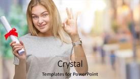  Presentation with 360 degree cameras - Beautiful PPT theme featuring excellence diploma - young caucasian woman holding degree backdrop and a  colored foreground